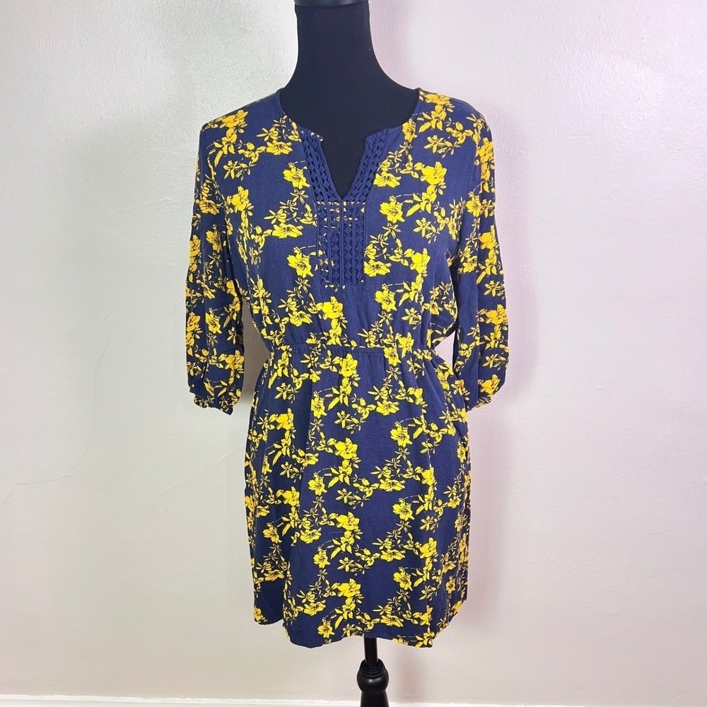 Market & Spruce Dress M Petite Blue Yellow Floral Crochet V-Neck Boho A-Line